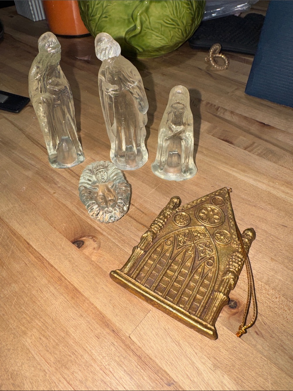 Glass Nativity Figurines with Gold-tone Ornamental Plaque